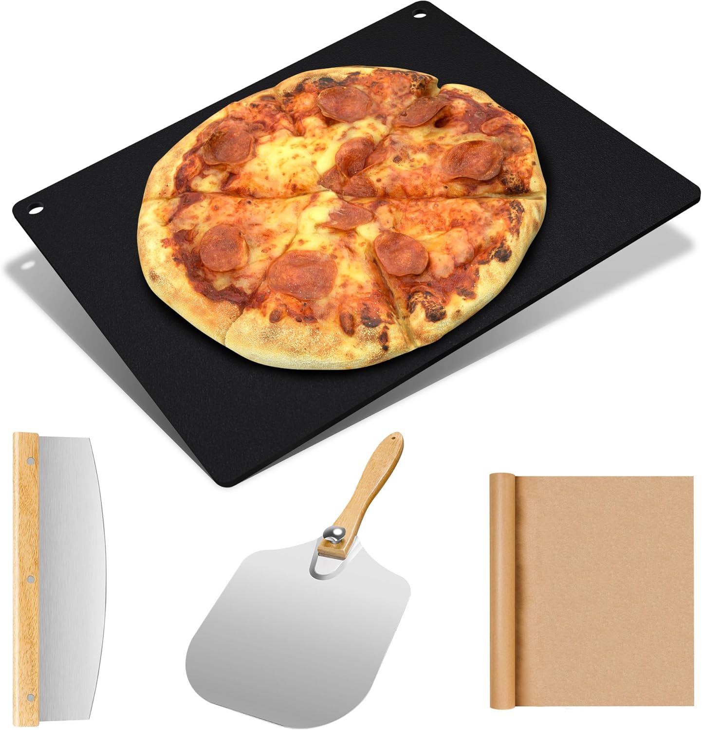 Large Cast Iron Pizza Stone Set for Oven & Grill - 16x13.4x1/4 Inch Steel Pizza Baking Stone, 4 PCS Pizza Making Accessories Kit for Barbecue, Sourdough Bread & Large Pizzas
