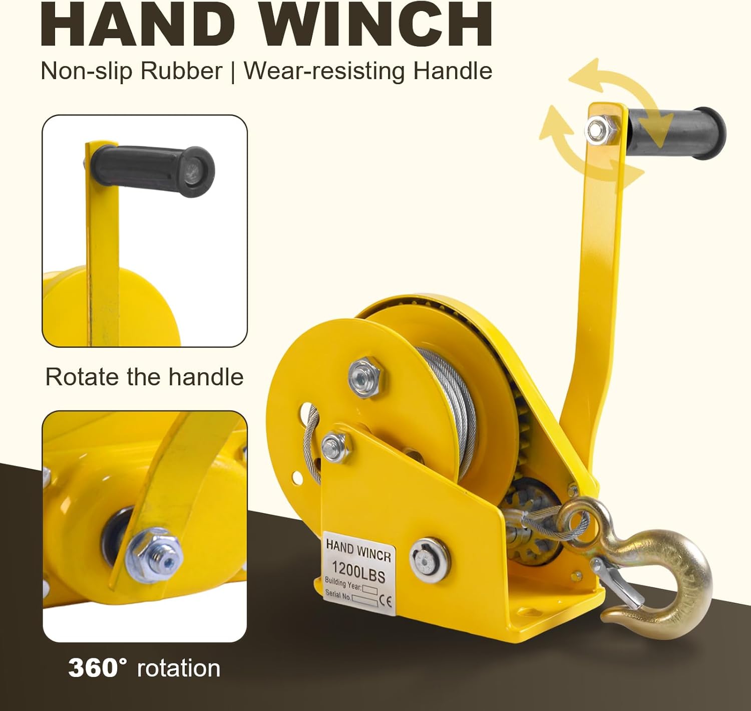 Heavy Duty Hand Winch - 2-Way Self-Locking with Automatic Brake, Compact Manual Winch for Boat Trailers & Trucks, Easy to Use & Control (1200bls 8 m Rope+Hook)