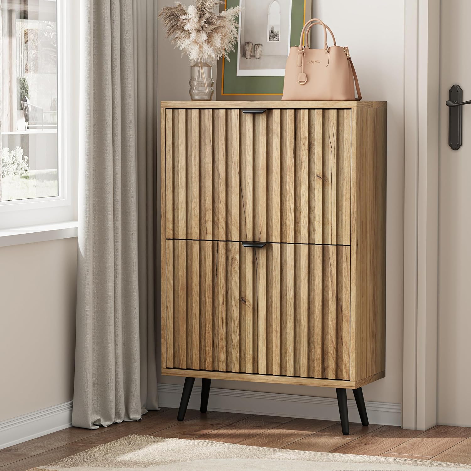 Shoe Storage Cabinet, Fluted Shoe Cabinet Storage for Entryway, Hidden Shoe Cabinet with Metal Legs,Shoe Organizer Cabinet with Flip Doors, Slim Entryway Shoe Storage Cabinet,Natural Wood-23.5in
