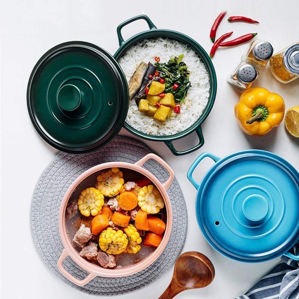 Green Ceramic Casserole Pot with Lid, Heat-Resistant Clay Dutch Oven for Stews, Soups Slow Cooking, Oven Microwave Safe(0.87L)