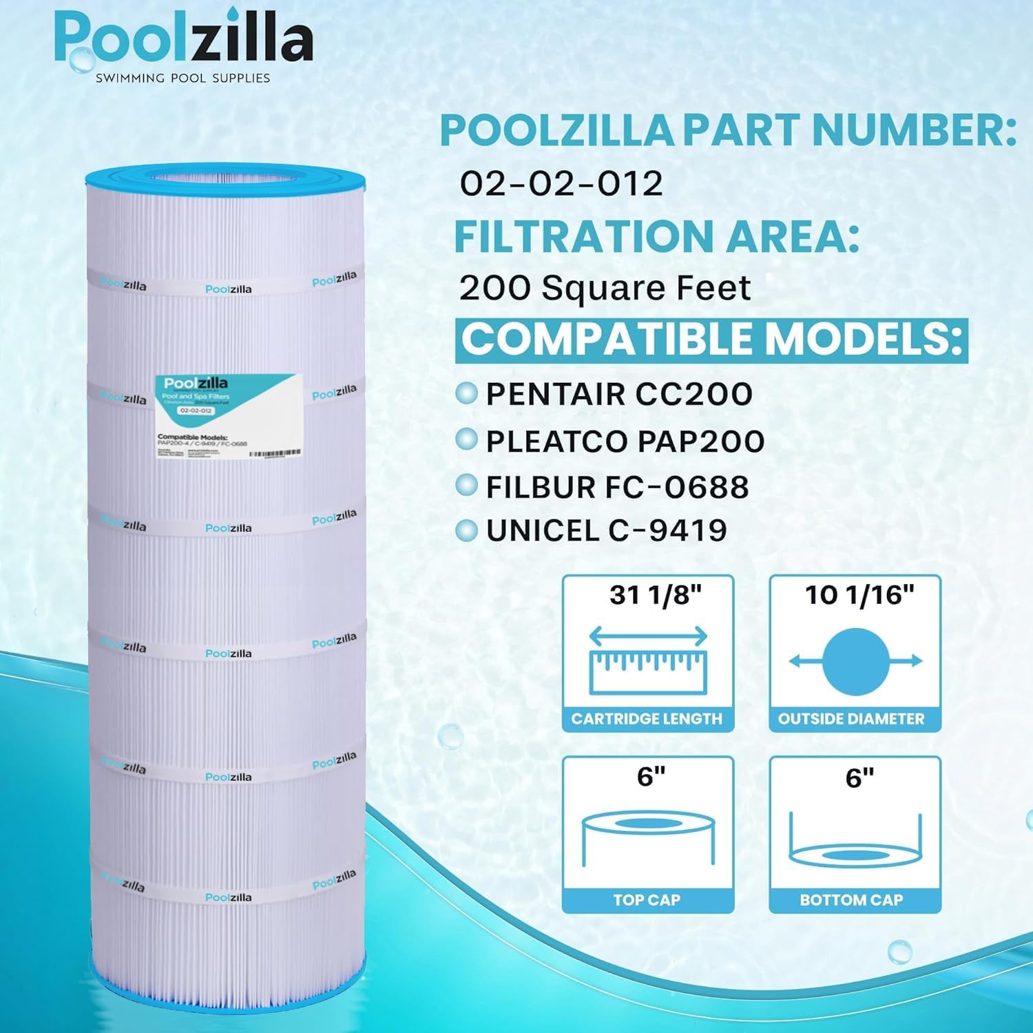 Poolzilla [4 Pack Pool Filter Cartridge, Compatible with PAP200, Pentair CC200, Filbur FC-0688, Unicel C-9419, Aladdin 29902, Baleen AK-8005, R173217, Predator 200 [L x OD: 31 1/8