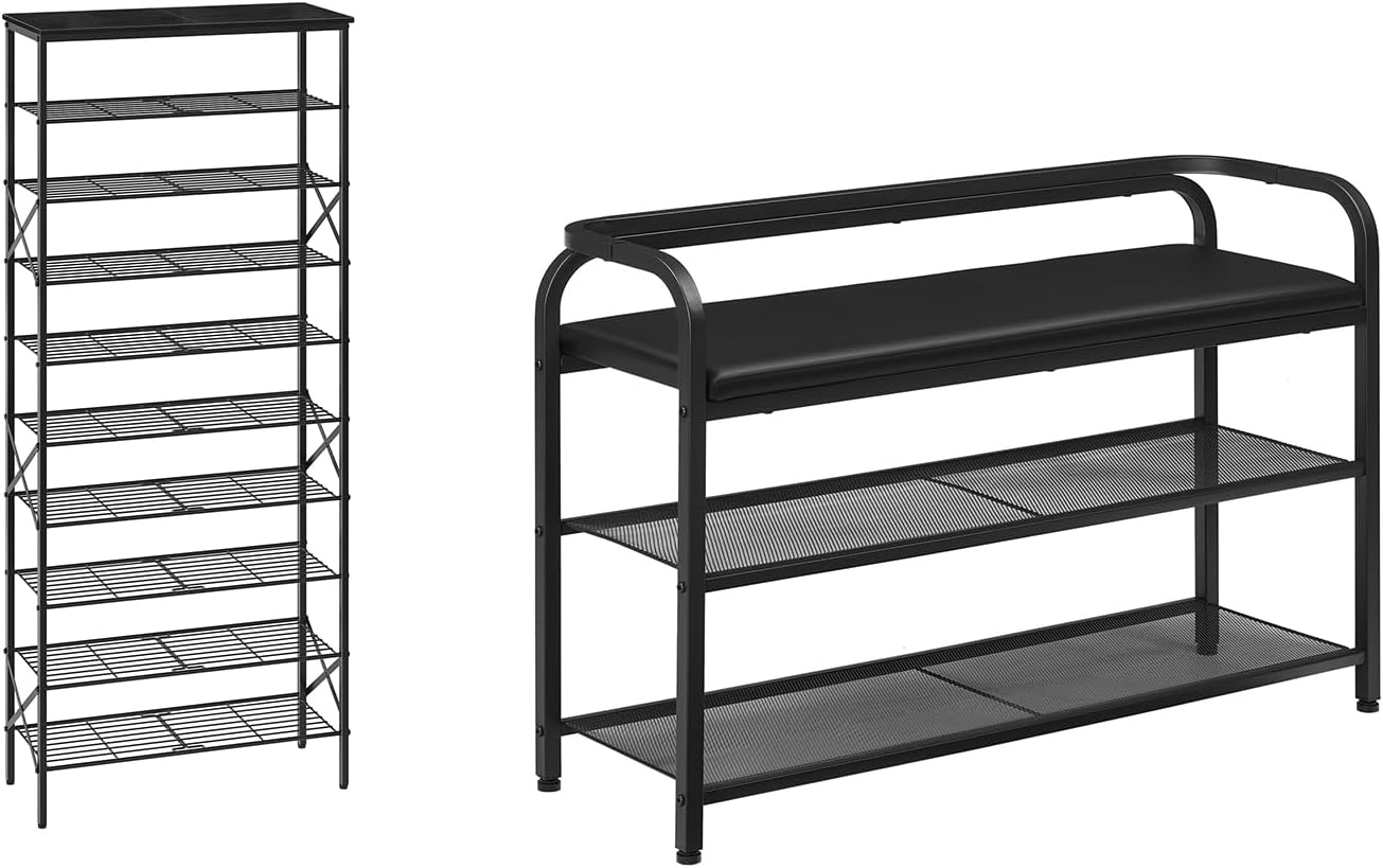 10 Tier Shoe Rack, Large Capacity Shoe Storage Organizer Holds 40 Pairs, Shoe Bench with Backrest, Entryway Bench, SS10BB-HX14BB