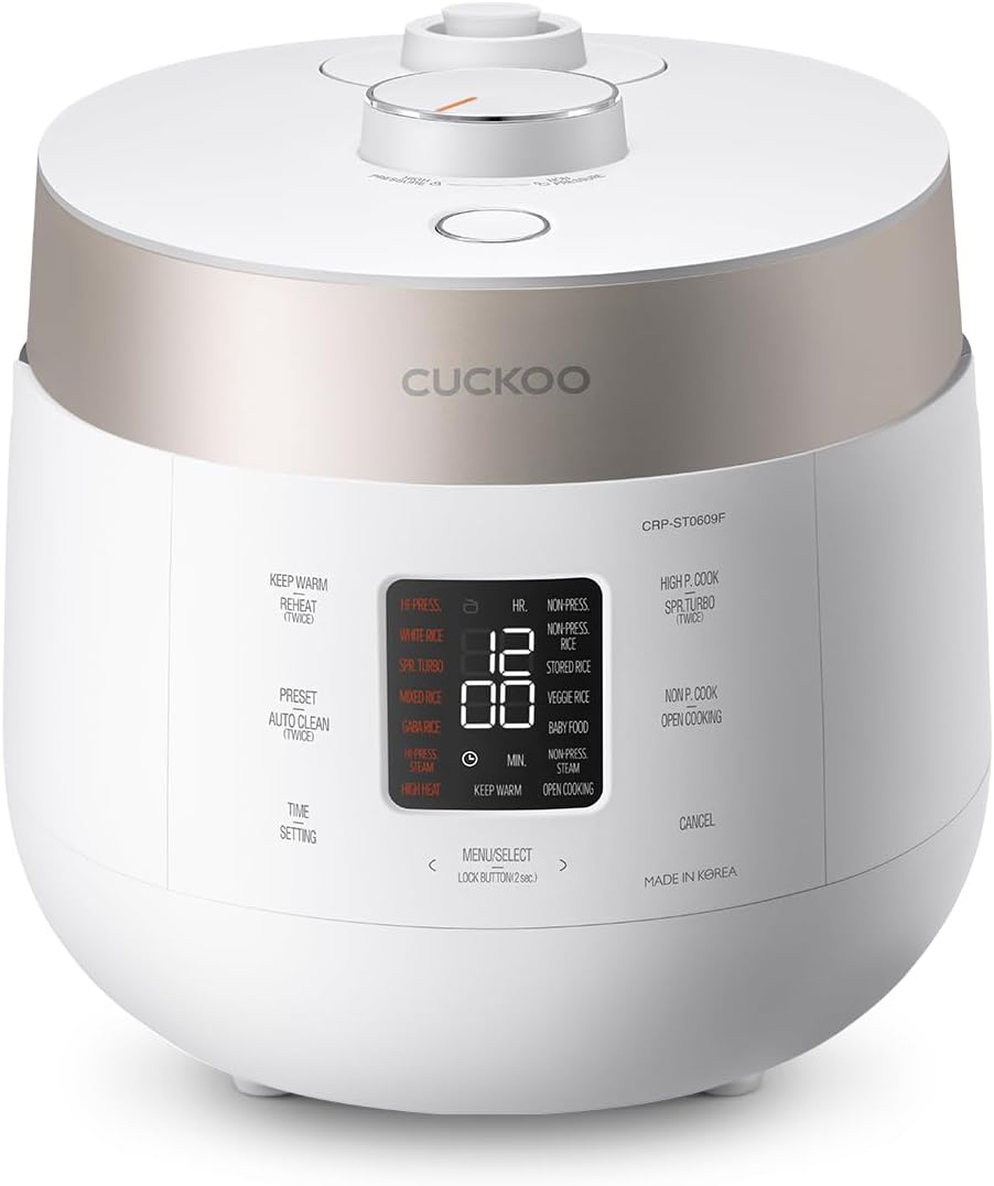 CUCKOO Twin Pressure Rice Cooker 6-Cup Uncooked / 12-Cup Cooked with Nonstick Inner Pot, Versatile Rice Maker & Warmer with 16 Menu Options, Open Cooking Mode, Voice Guide, White (CRP-ST0609FW)
