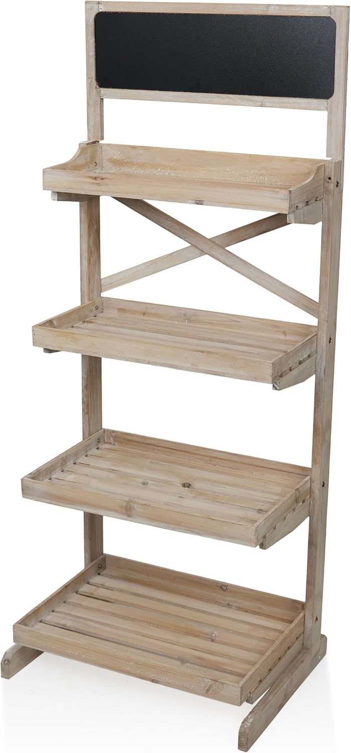 Alpine Corporation MBB164 Wood 4-Tier Storage Organizer with Chalkboard, Rustic Wooden Display Rack for Books, Plants, Decor