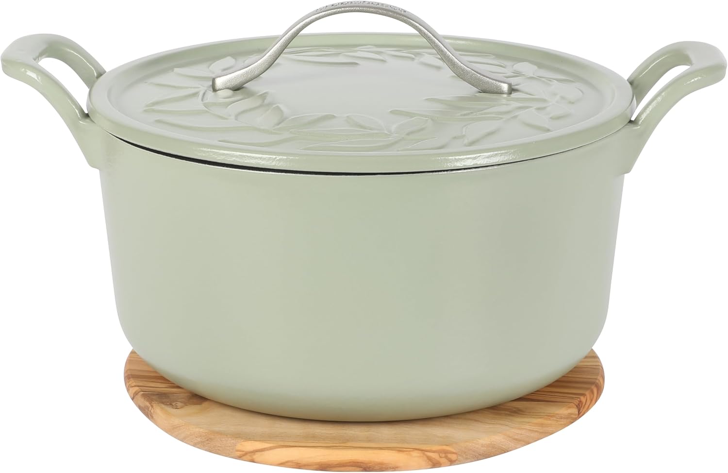 Bloomhouse 7 Qt Cast Iron Dutch Oven W/Embossed Lid, European Enamel, & Walnut Wood Trivet - Oat White
