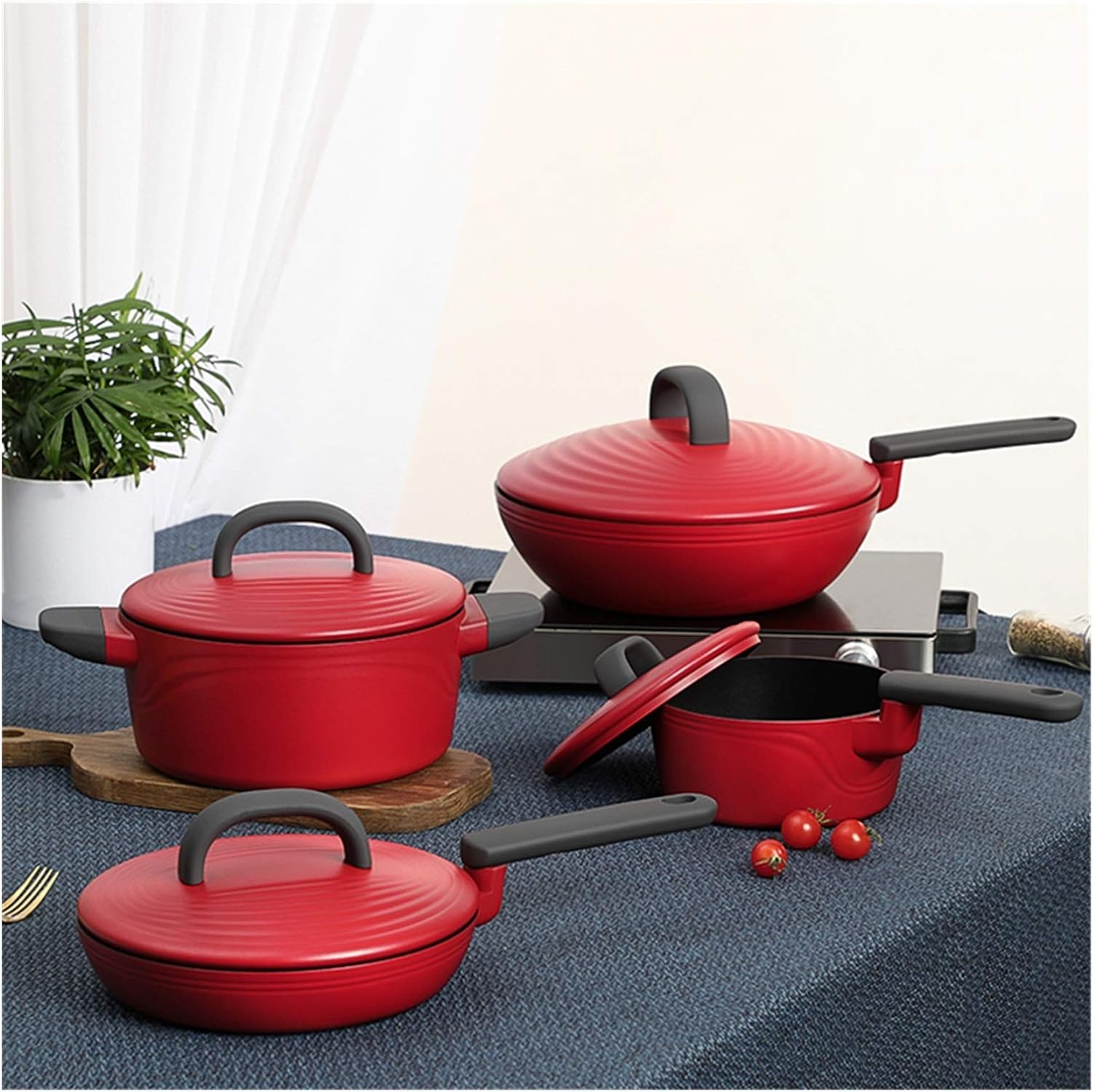 Cookware Set Soup Pot Stew Cooking Pots and Pans Induction Cooker Casserole Kitchen Saucepan Double Boiler Steamer Frying Pan (Red Variety Pack)