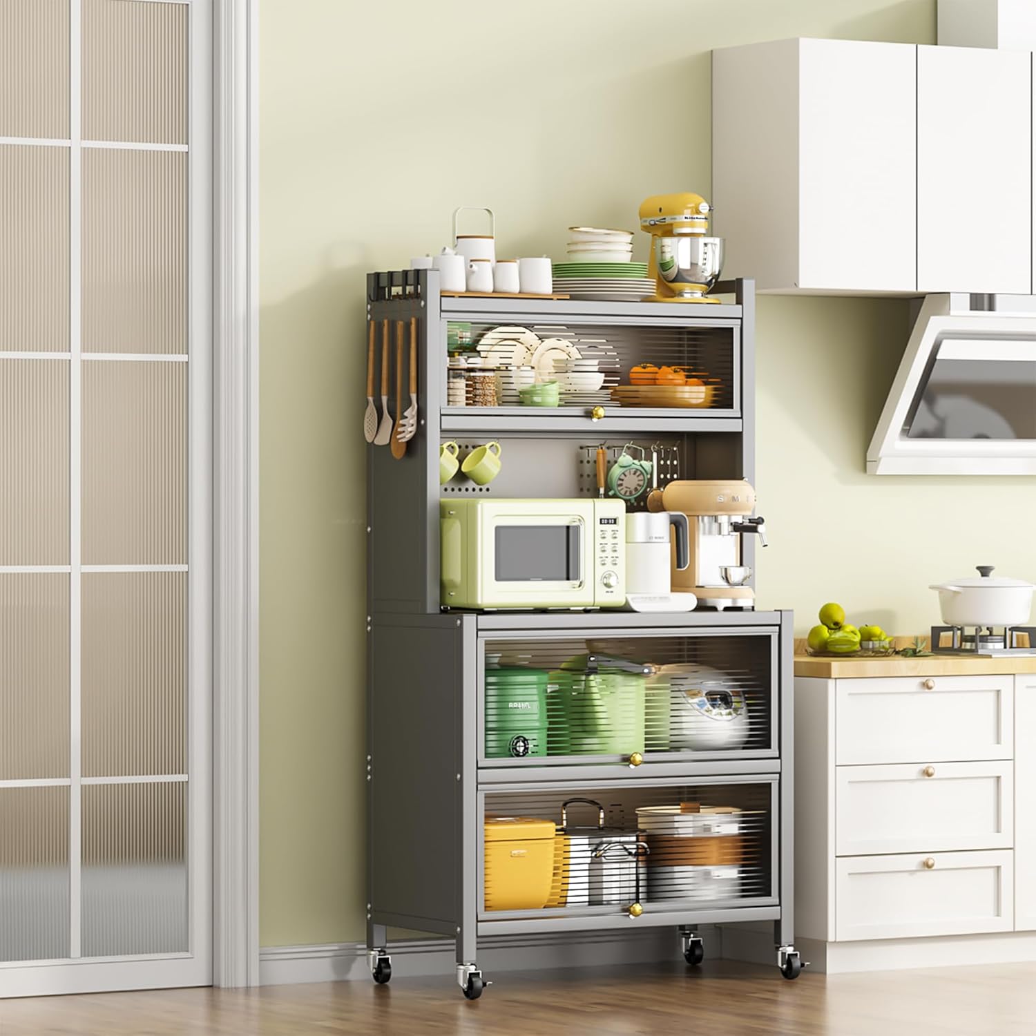 67.3'' Kitchen Pantry Storage Cabinet, Storage & Microwave Oven Countertop, Pantry Cabinets with 6 Height-Adjustable Shelves Versatile Storage for Kitchen, Living Room, Dining Room (Dark Gray 1)