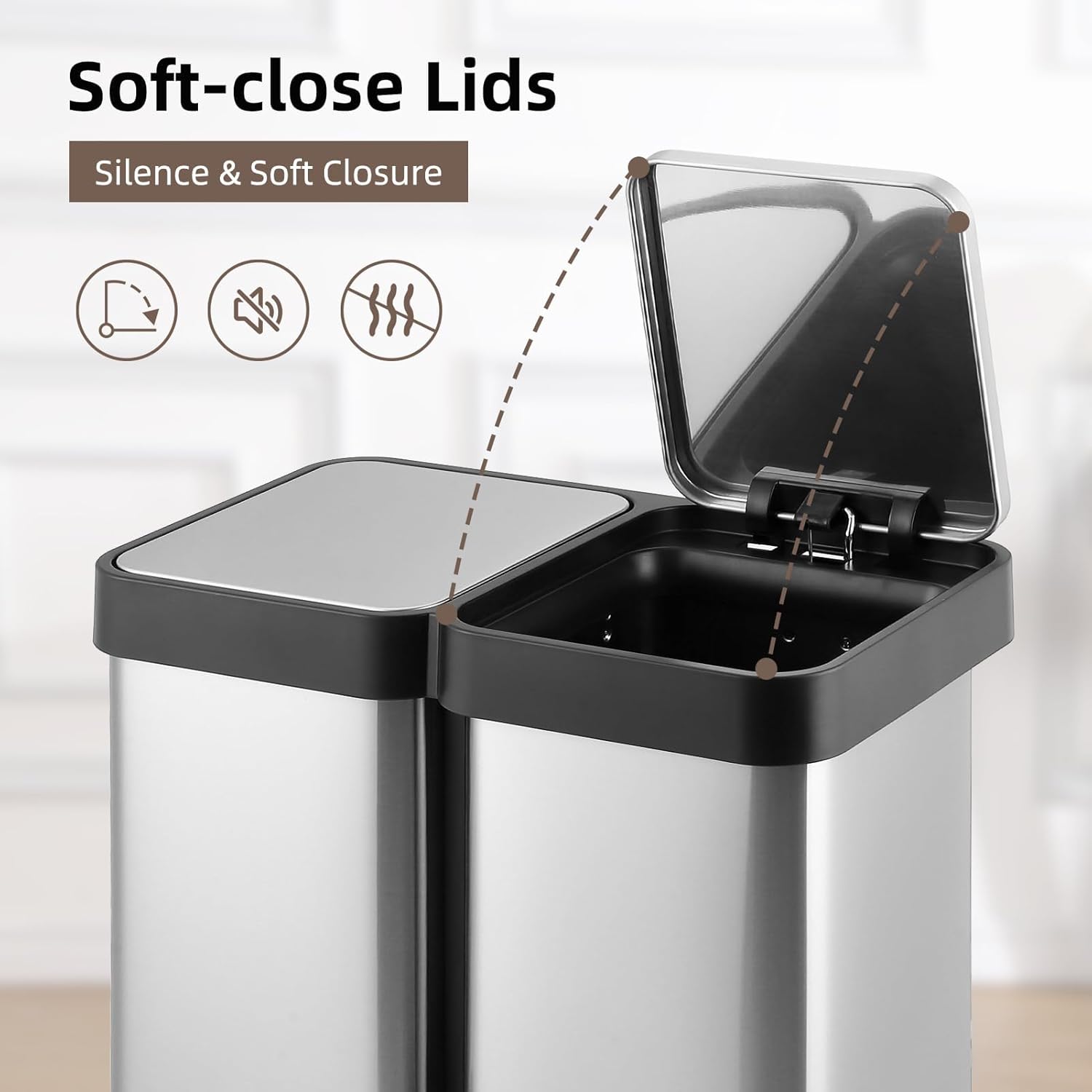 13 Gallon Dual Trash and Recycling Bin, 50L(2x25L) Fingerprint Proof Stainless Steel Kitchen Garbage Can with Double Lid, Hands-Free Step Rubbish Bin Without Inner Bucket for Kitchen Home Office