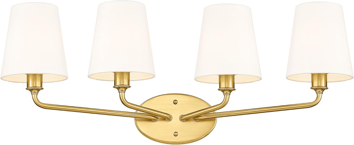 Emak 29 Inch Bathroom Lighting Fixtures Over Mirror, 4-Light Bathroom Vanity Light Wall Sconce with Flared White Fabric Shade, Brushed Gold Vanity Lights for Bathroom, Mirror, VL132-BGD-WF-4