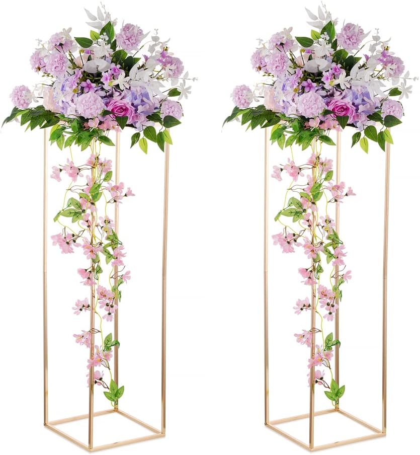 Gold Stand Wedding Centerpieces for Tables - 39.4in Tall Vases for Centerpieces, 2 Pcs Metal Column Flower Stand, Rectangular Flower Display Rack, Wedding Decorations for Tables, Party, Events, Home