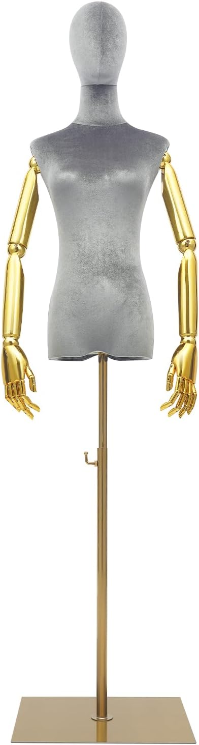 Female Mannequin Torso with Head and Posable Arms, Height Adjustable Dress Form, Half Manikin Body Stand, Clothing Manikin with Velvet Surface and Stable Metal Base (Grey, 78.74in)
