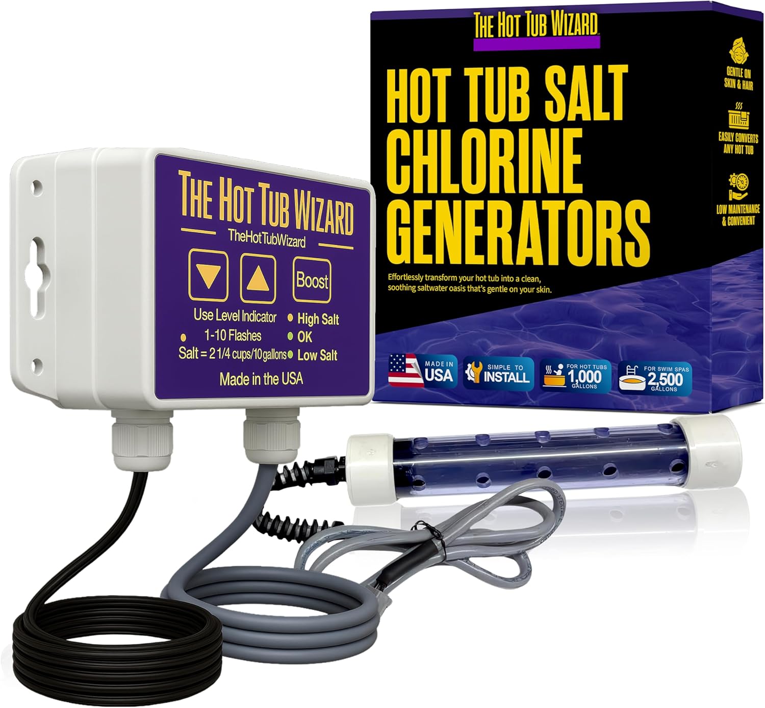 The Hot Tub Wizard - Hot Tub Salt Chlorine Generator - Keeps It Clean & Clear and Helps Prevent Rash & Itch - Easily Convert Any Hot Tub or Spa to Mild Salt Water - Saltwater Chlorinator - Made in USA
