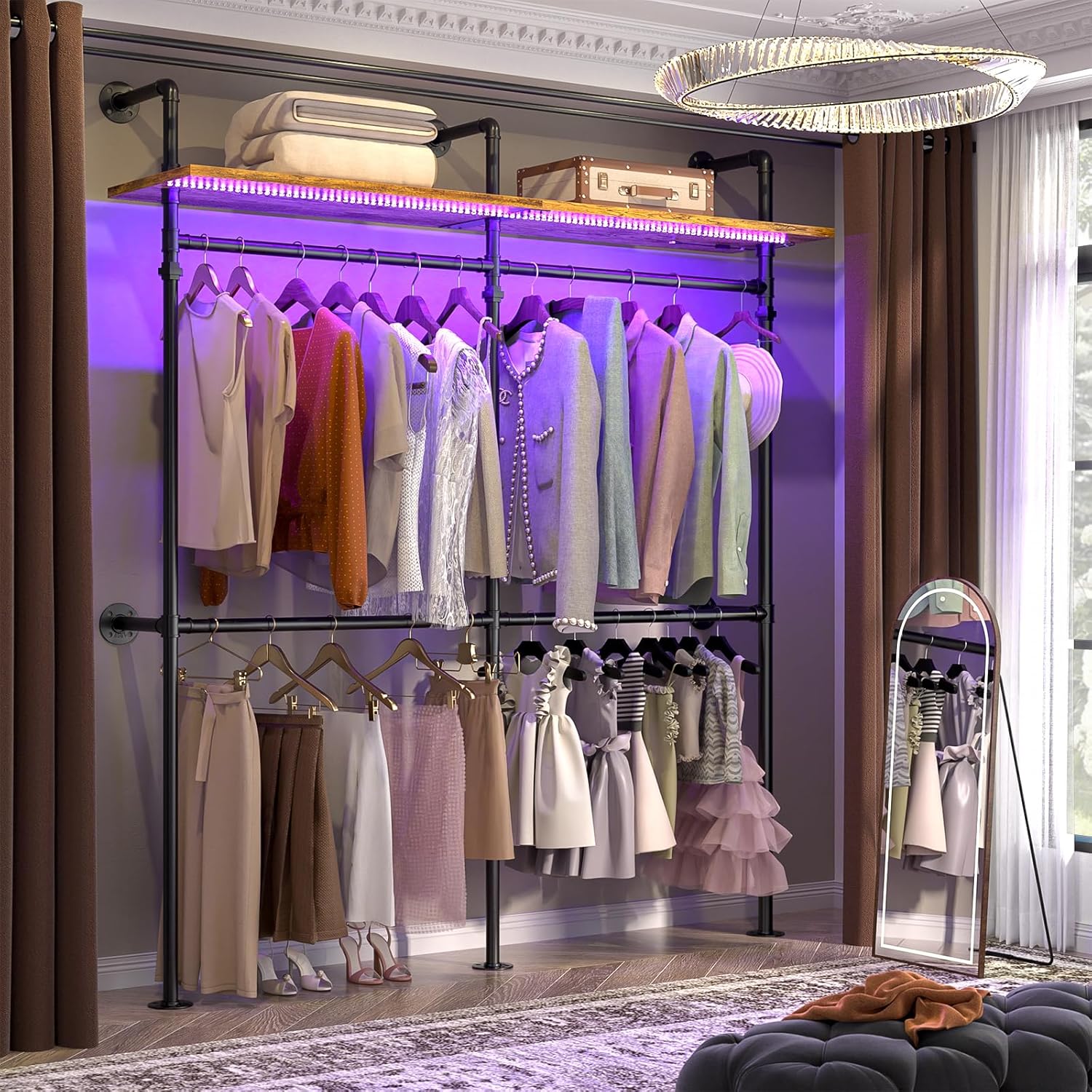 Aheaplus Industrial Pipe Clothing Rack, Reversible 79.7'' Clothes Rack for Hanging Clothes, Heavy Duty Garment Racks Closet Wardrobe with LED Lights& Shelves, Walk-in Closet System, Rustic Brown