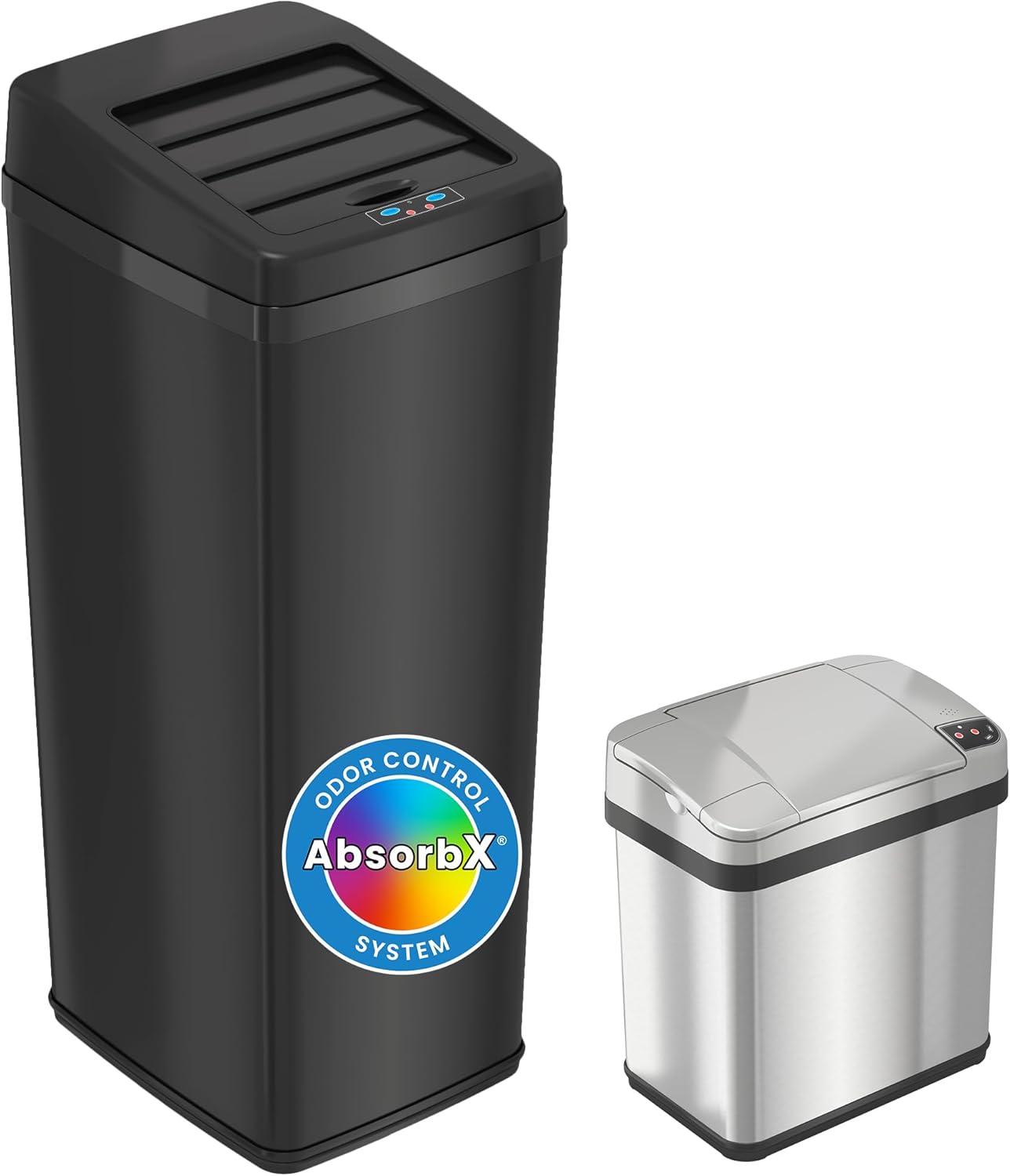 iTouchless 14 Gallon and 2.5 Gallon Sensor Trash Cans with AbsorbX Odor Control System, Stainless Steel, Kitchen and Bathroom Automatic Garbage Bins, Combo, Silver 2 Gal + Black 14 Gal