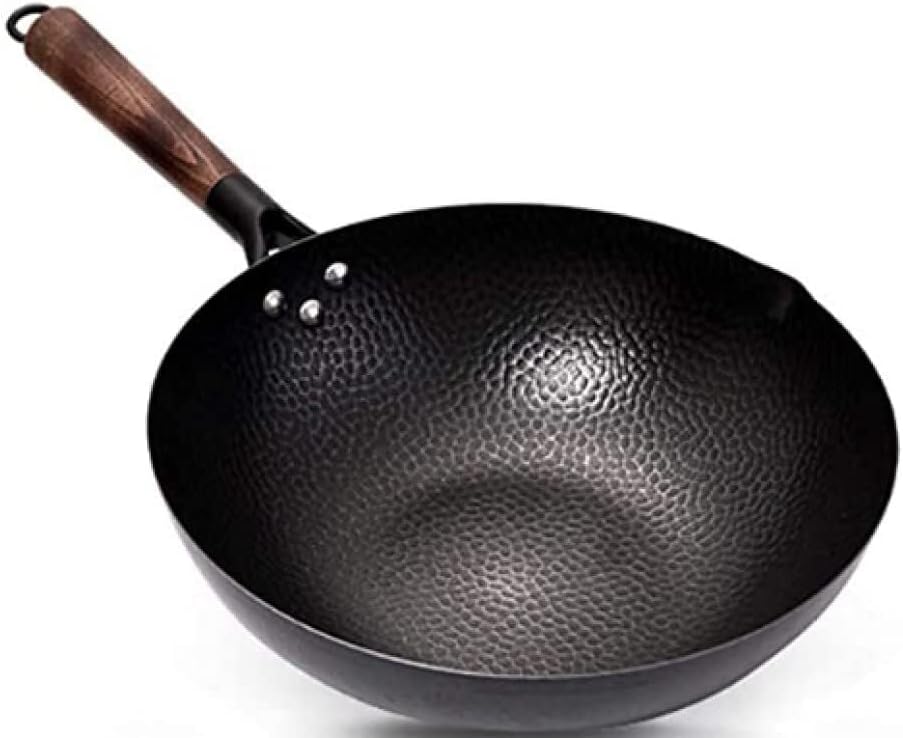 Hammered Wok with Wooden Handle, Hand Hammered Wok Pan, Iron Pot Suitable for Induction-Pot
