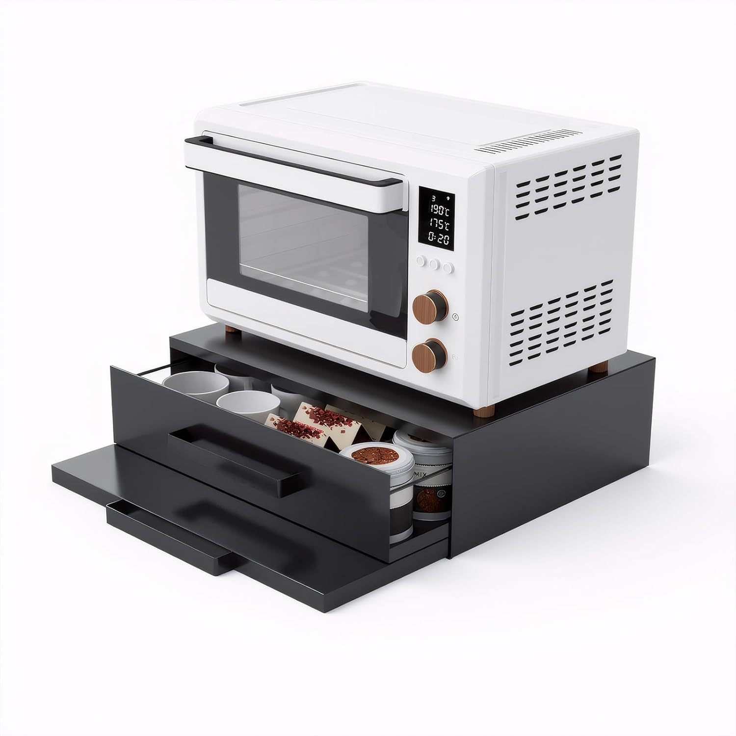 Steel Microwave Stand with Pull-Out Drawers & Shelves | Countertop Organizer for Compact Microwaves, Coffee Station & Kitchen Appliance Storage (Black+Drawer+Shelf)