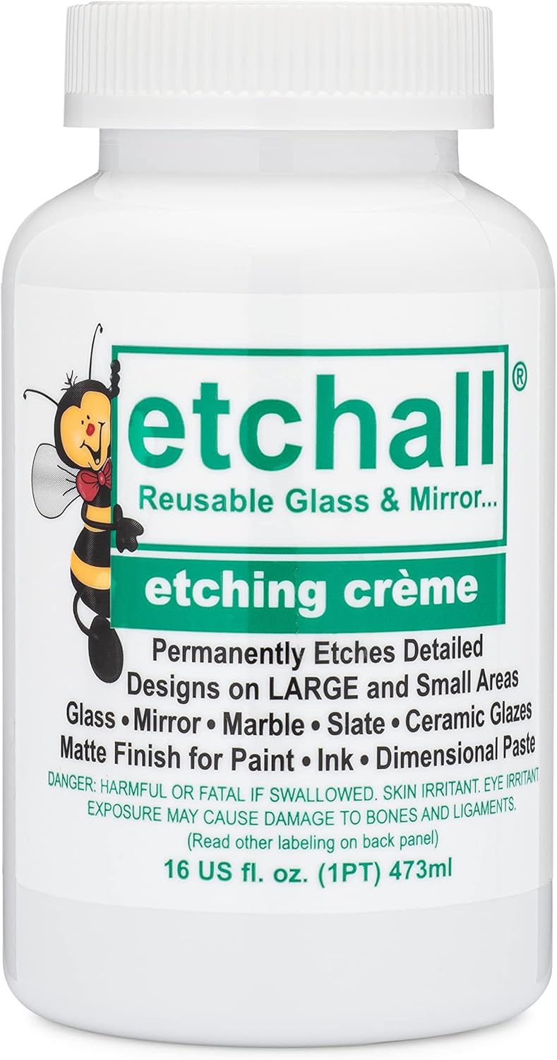 Etchall Etching Cream (16oz) for Glass, Mirrors, Ceramics, Porcelain, Marble, and Slate - for Makers, Creators, Crafters, DIY'ers of All Ages & Experience Levels. Smooth Formula and Fast Acting