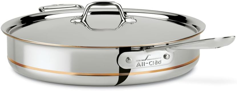 All-Clad Copper Core 5-Ply Stainless Steel Sauté Pan with Steel Lid 6 Quart Induction Oven Broiler Safe 600F Pots and Pans, Cookware Silver