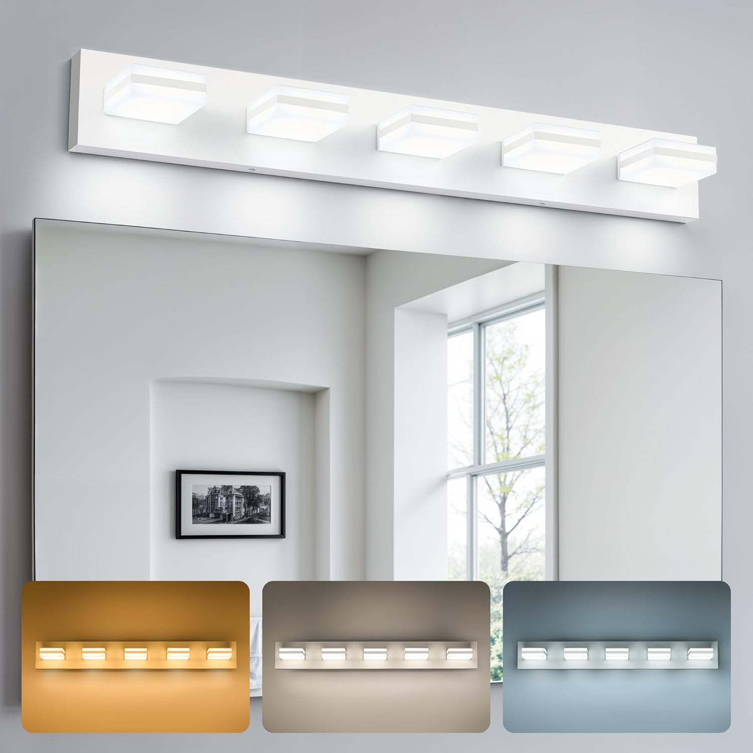 VONLUCE Bathroom Vanity Light Fixture, 5-Light Modern LED Vanity Light, 3CCT Adjustable Bathroom Lights with Memory Function Rotatable Shades, 34