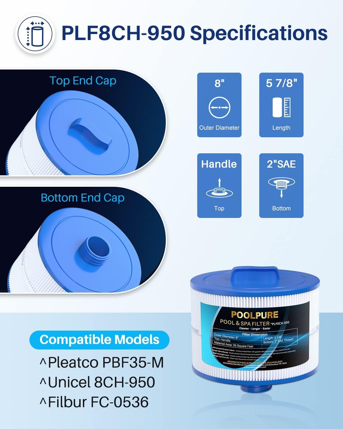 POOLPURE Pack of 8 8CH-950 Replacement Compatible with 10-2785 Bullfrog Spa Filter, PBF35, PBF50-F2S, Filbur FC-0536, Excel Filters XLS-834, Aladdin 15052, 2