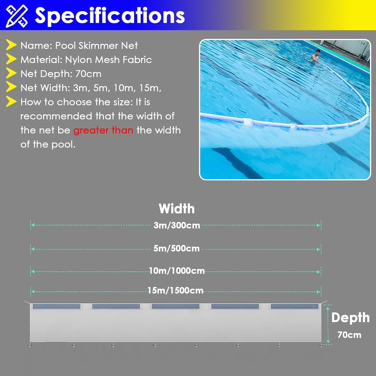 Large Pool Skimmer Net Fine Mesh, Portable Floating Water Cleaning Net with Float Sticks & Lead Weights, for Hotel Villas Public Pool/Bathhouse/Water Parks Hair and Debris Salvage(10m/1000cm Wide)