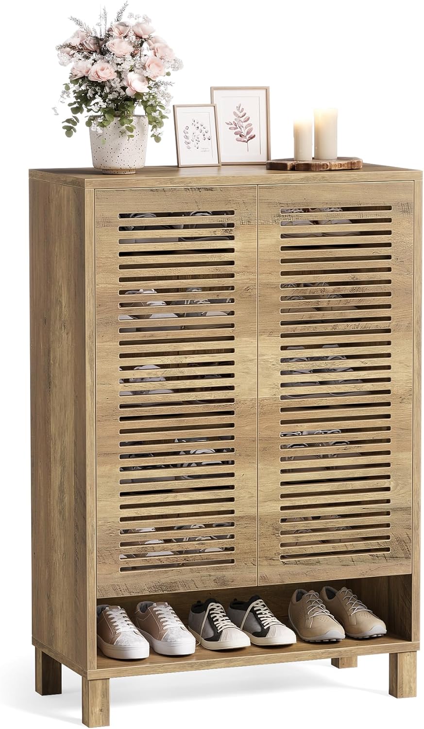 LITTLE TREE Free-Standing Shoe Cabinet, Narrow Farmhouse Entryway Furniture, Wooden Space-Saving Organizer with 6 Shelves, Natural Oak Color