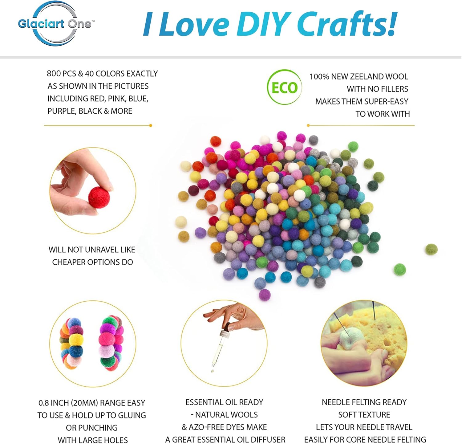 Glaciart One Felt Balls, Felt Pom Poms, (800 Pieces) 2 Centimeters - 0.8 Inch Handmade Felted 40 Color (Red, Pink, Blue, Orange, Yellow, Gray, Pastel and More), Bulk Small Puff for Felting and Garland