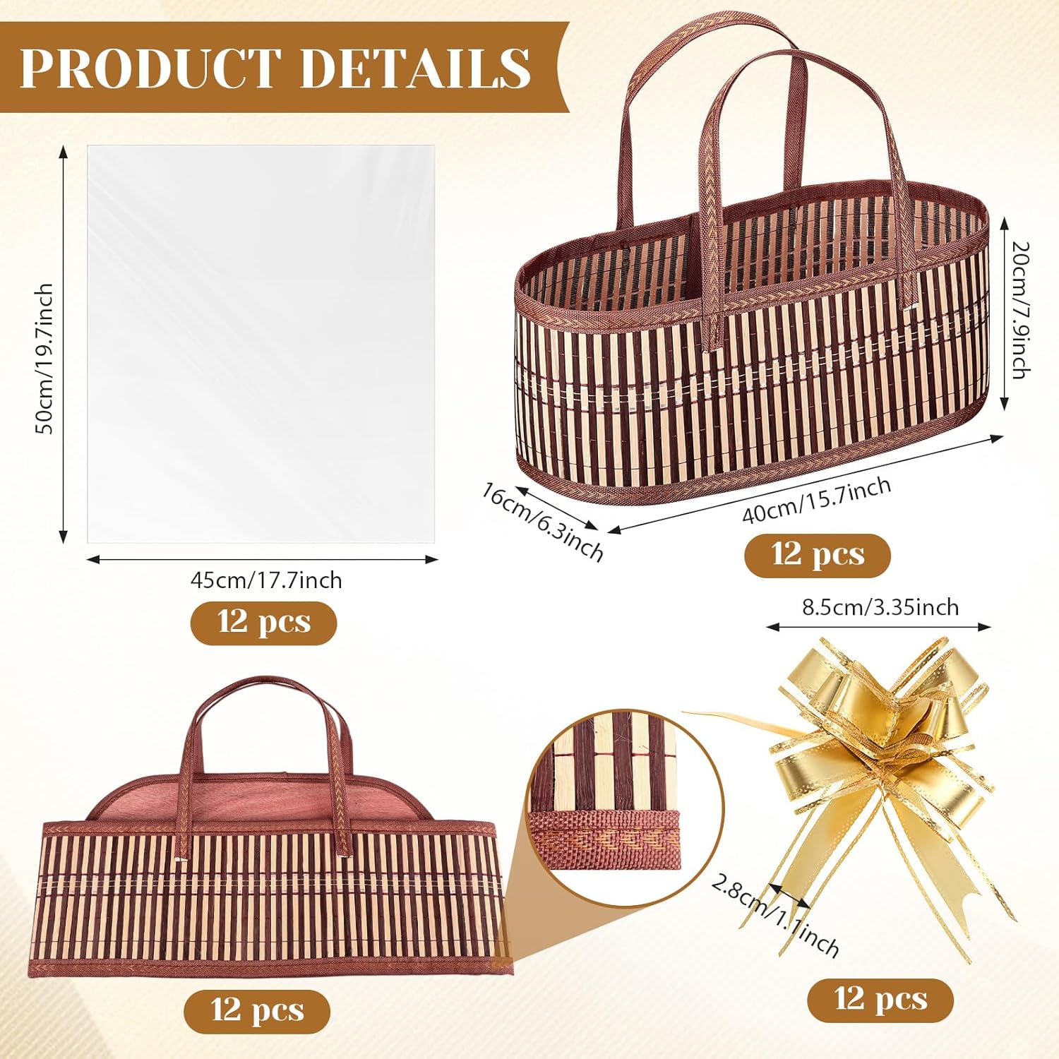 12 Set Woven Baskets for Gifts Empty Large Bamboo Gift Baskets with Handle Cellophane Wrap Bag and Pull Flower Ribbon Sturdy Foldable Gift Packages for Birthday Wedding Favor Wrapping