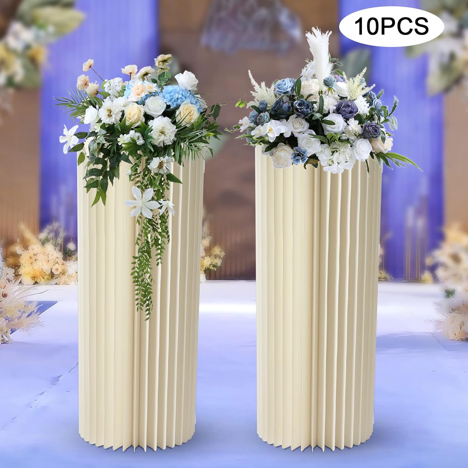 10Pcs Wedding Centerpieces Cardboard Vases, Foldable Cardboard Flowers Stand Display Tall Flower Vase, Table Cylinder Centerpiece Stands for Living Rooms Background Frames Milky White (H 80cm/31.5in)