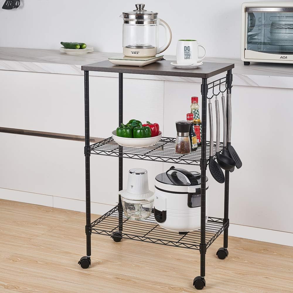 Henf 3-Tier Rolling Kitchen Microwave Cart with Hook, Kitchen Baker's Rack Wire Utility Cart on Wheels, Microwave Oven Stand Storage Cart Workstation Shelf, Silver