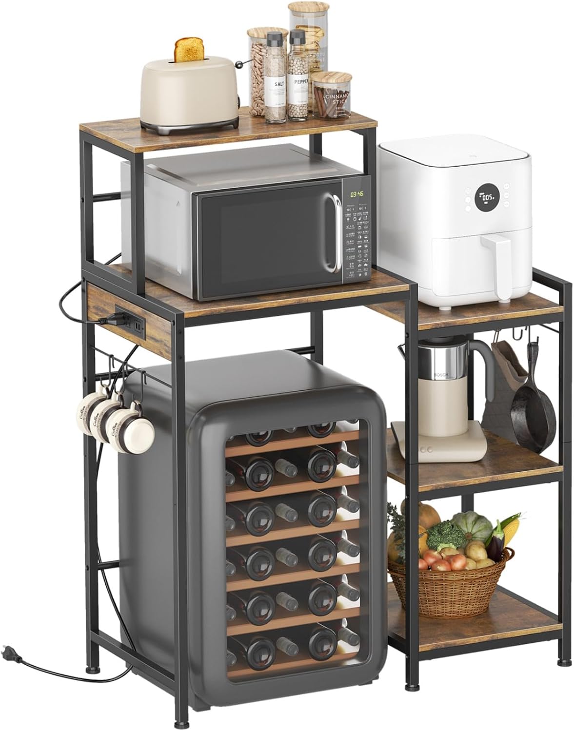 Multifunctional 6-Tier Mini Fridge & Microwave Stand with 2 AC/2 USB Outlets - Coffee Bar & Bakers Rack Storage Shelf, Mini Fridge Cabinet for Kitchen, Dorm, Living Room