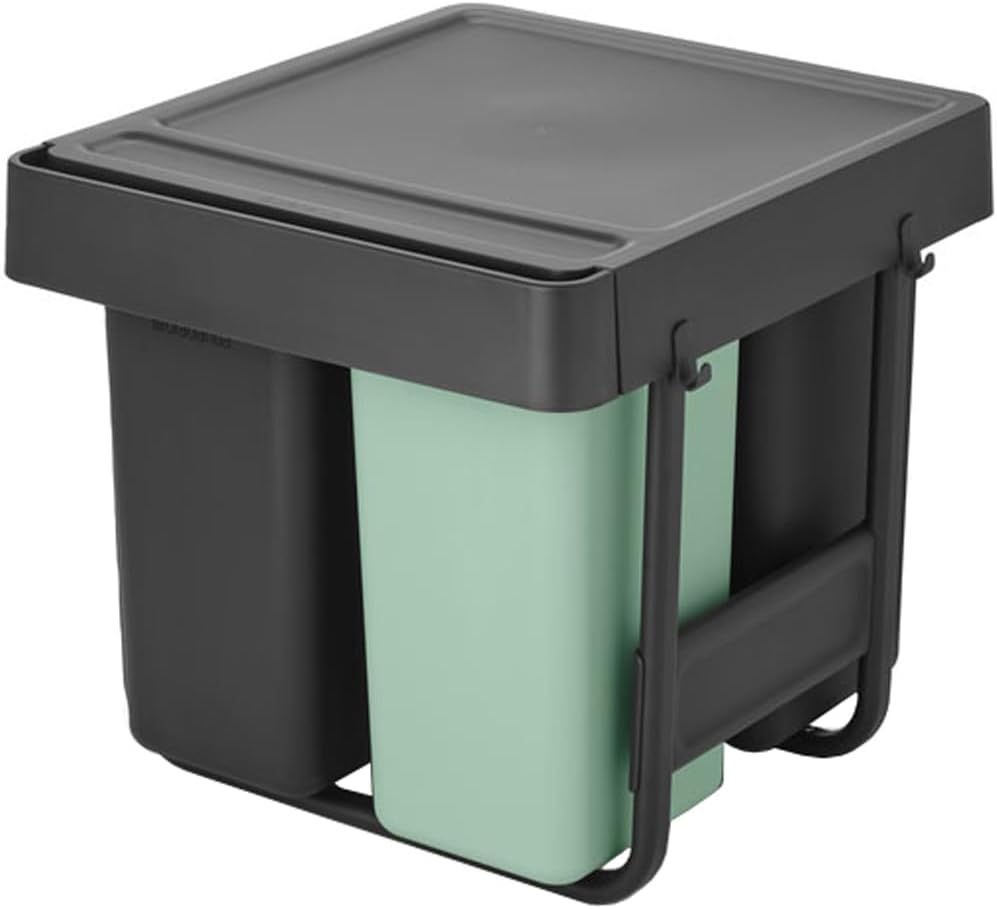 Brabantia Sort & Go Pull Out Trash Can | 4 + 4 + 5.3 Gal Built-in Under Kitchen Sink Cabinet Garbage Can | Integrated Triple Sliding Recycling Unit, Smooth Rails, Removable Buckets | Gray & Green