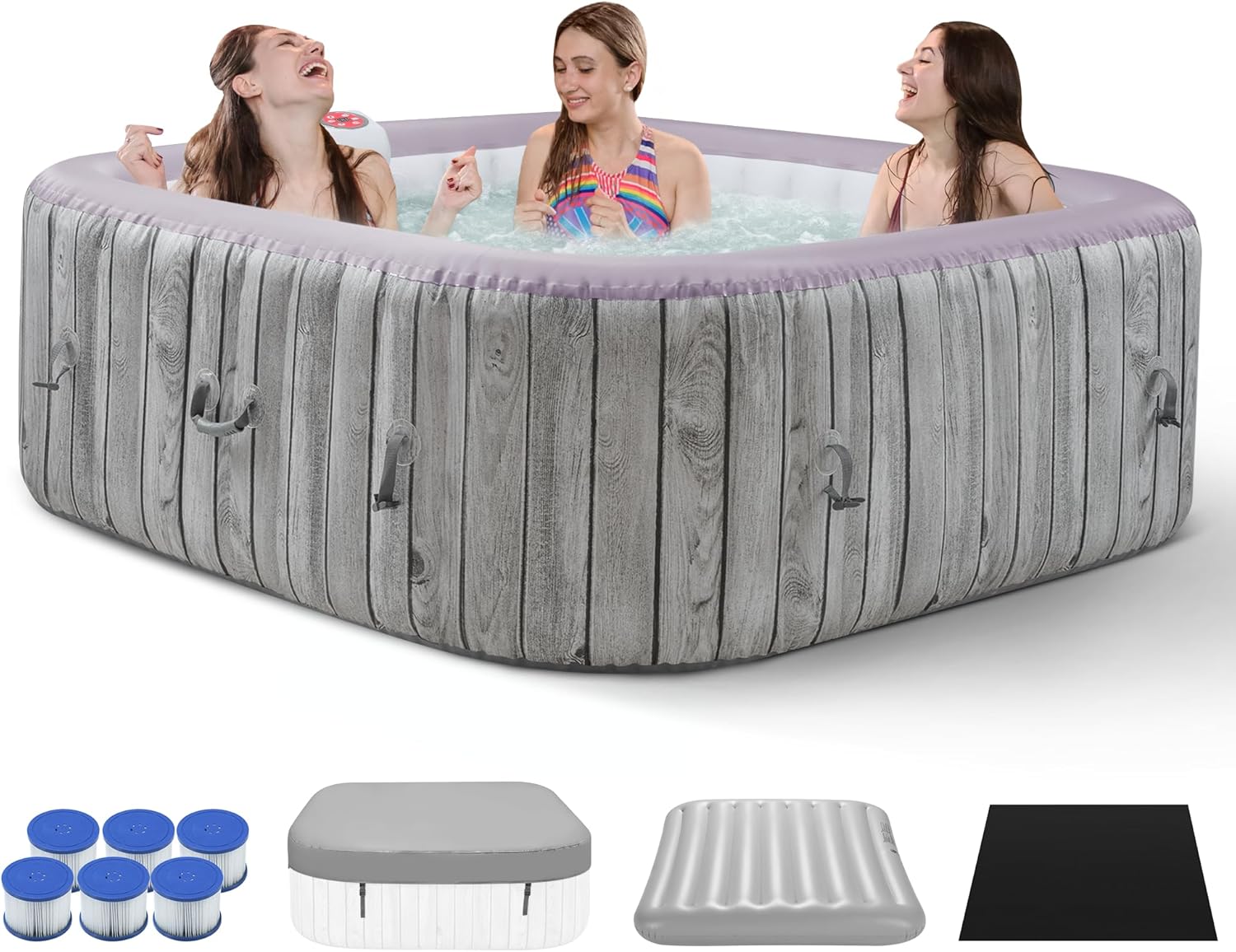 Inflatable Square Hot Tub Spa Set, Outdoor Bubble Massage Portable Hot Tubs, 4-6 Person Blow up Hot Tub with 130 Soothing Jets, Insulated Cover, Built in Heater Pump, 6 Filter Cartridges