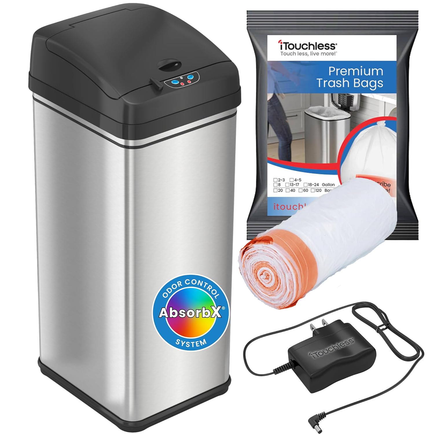 iTouchless Automatic Trash Can with AC Adapter and 10 Trash Bags, Big Lid Opening Touchless Sensor Kitchen Trash Bin, 13 Gallon, Stainless Steel