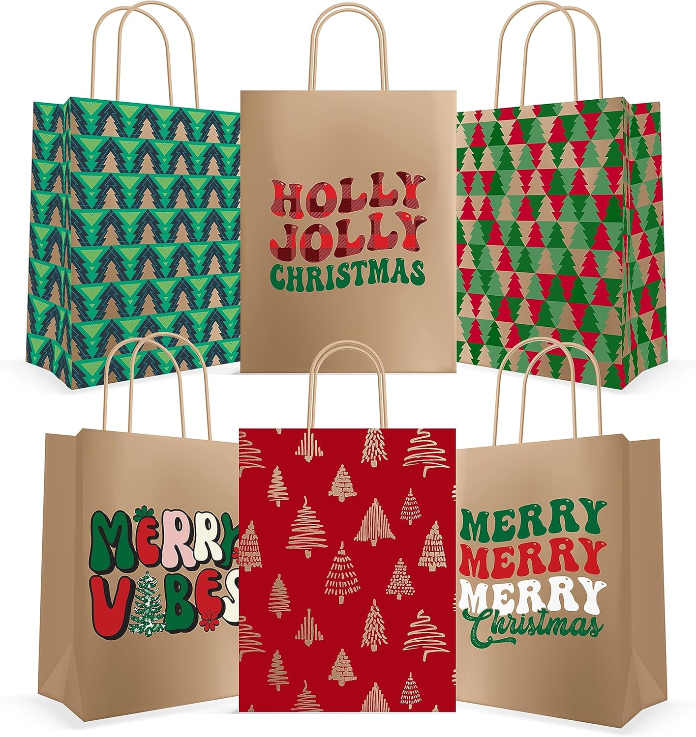 EasyKart Kraft Gift Bags - 120 Christmas Goody Bags, 6 Designs, Classroom & Party Favors (9 x 7.3 x 3.3)
