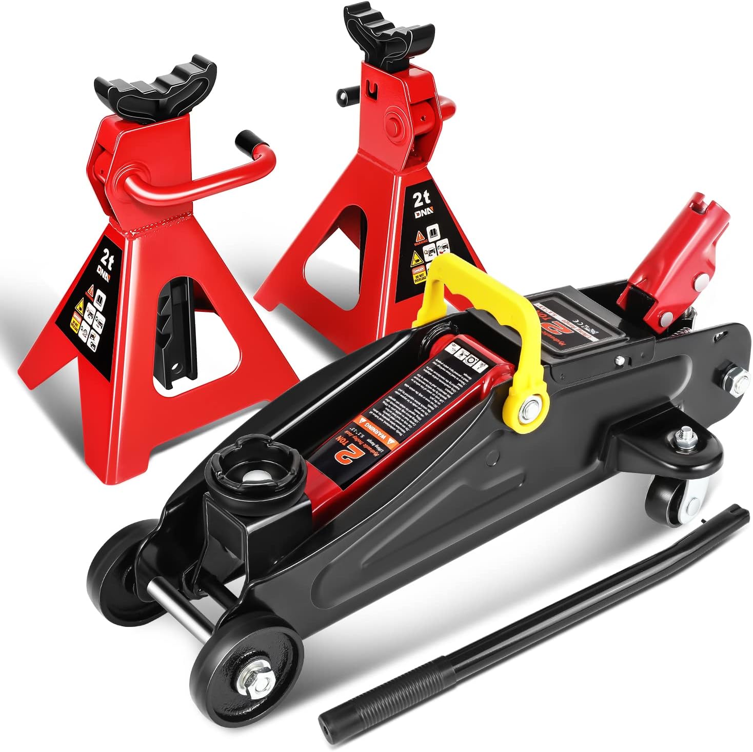 DNA MOTORING Low Profile Hydraulic Trolley Service/Floor Jack Combo with 2 Ratchet Jack Stands, 2 Ton (4000 lbs) Capacity, Red/Black, TOOLS-00280