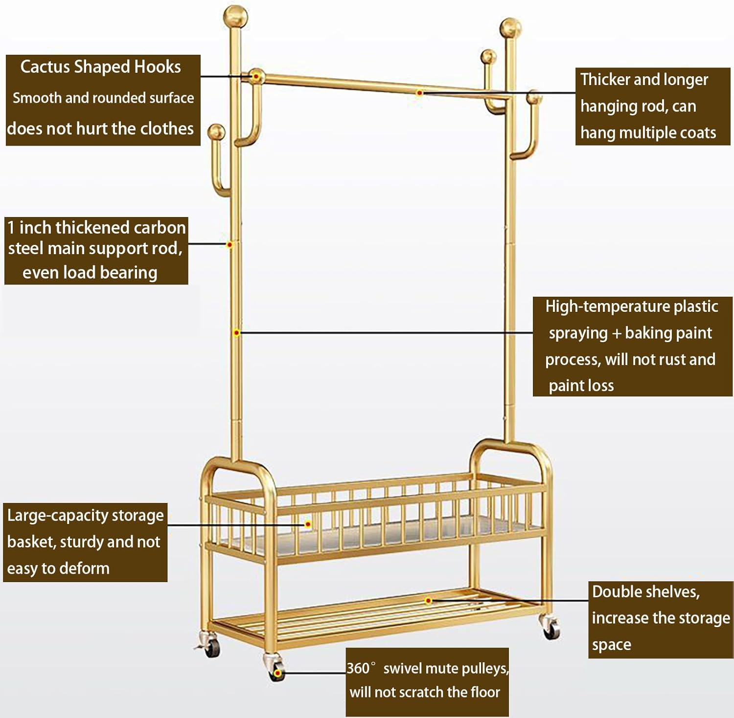 Clothing Rack, Standing with Wheels, Heavy Duty for Storage, Gold，for Hanging Organizers Clothes,Shoes,Bags,Scarf,Neckties Ideal for offices, bedrooms, foyers (Gold, S)