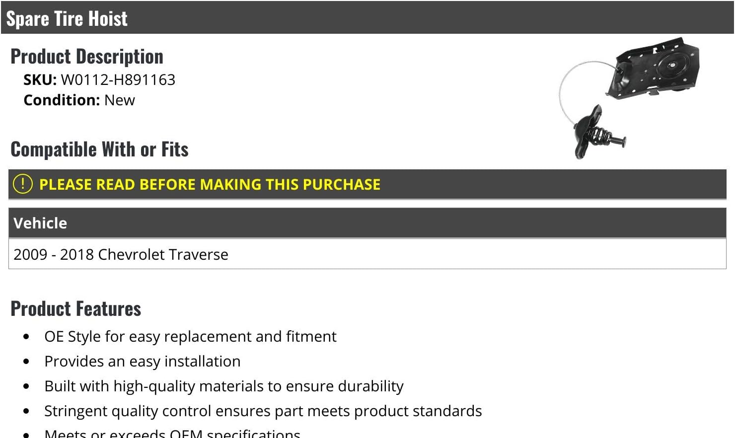 Spare Tire Wheel Hoist Winch - Compatible with 2009-2018 Chevy Traverse