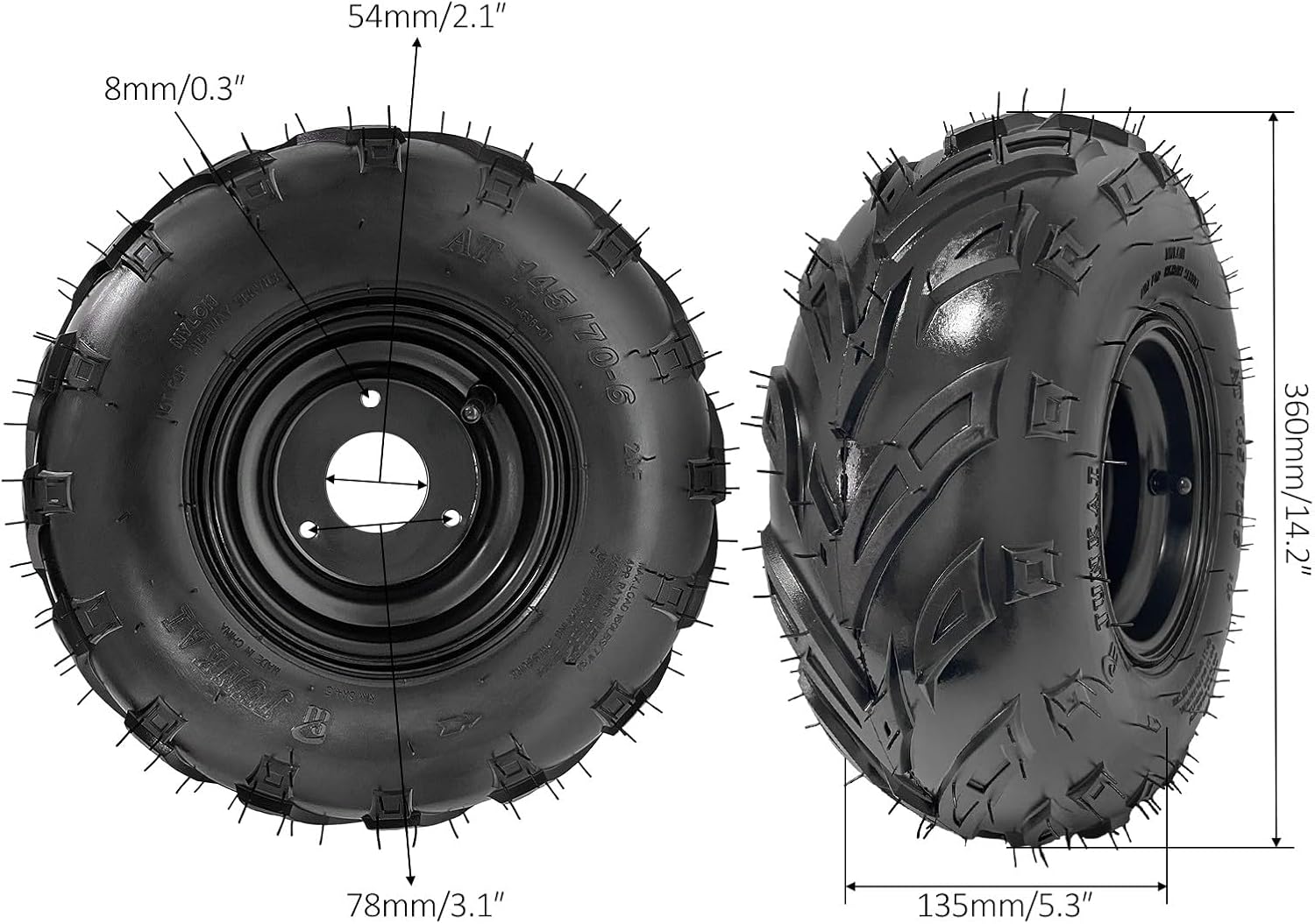 145/70-6 Tubeless Wheel Tire with 6'' Rim 3 Bolt Pattern for 50cc 70cc 90cc 110cc 125cc ATV Go Kart UTV Quad Bike 4 Wheelers (1)