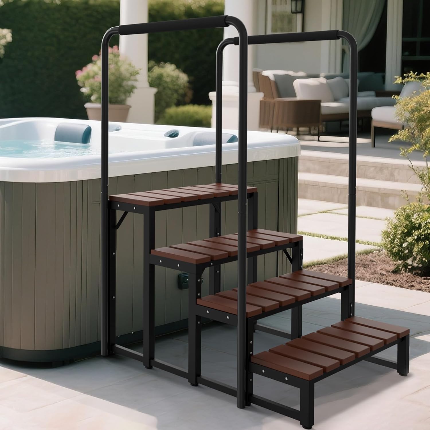 Hot tub Step Stairs with Dual-handrails, 4 Steps Hot Tub Stairs w/Leveling Foot, Detachable U-Shape Hot Tub Railing to Get in and Out, 500LBS Capacity Spa Steps for Indoor & Outdoor