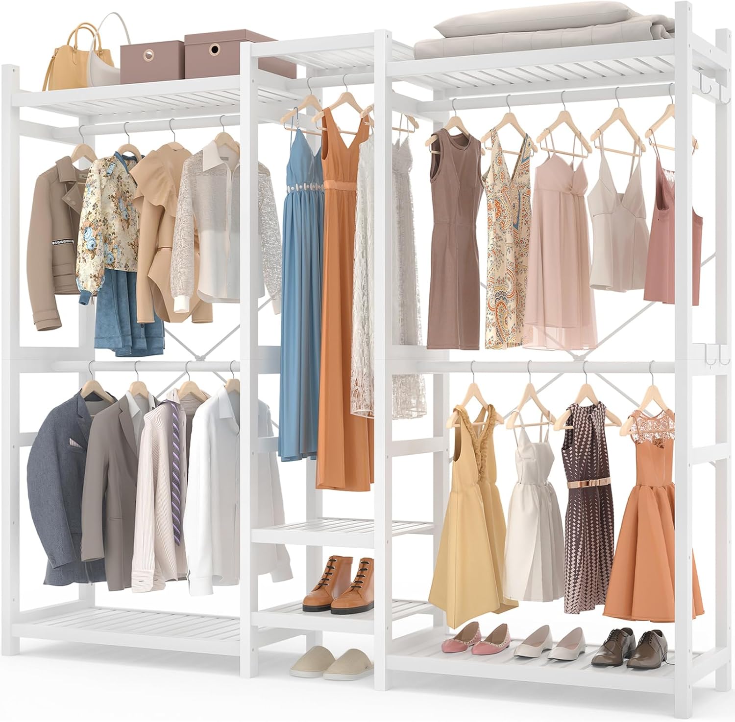 Bamboo Closet System Clothing Rack for Hanging Clothes, Large Garment Rack with Shelves and 5 Rods, 70”W x 77”H Heavy Duty Freestanding Clothes Rack Organizer for Wall-in Closet Bedroom, White