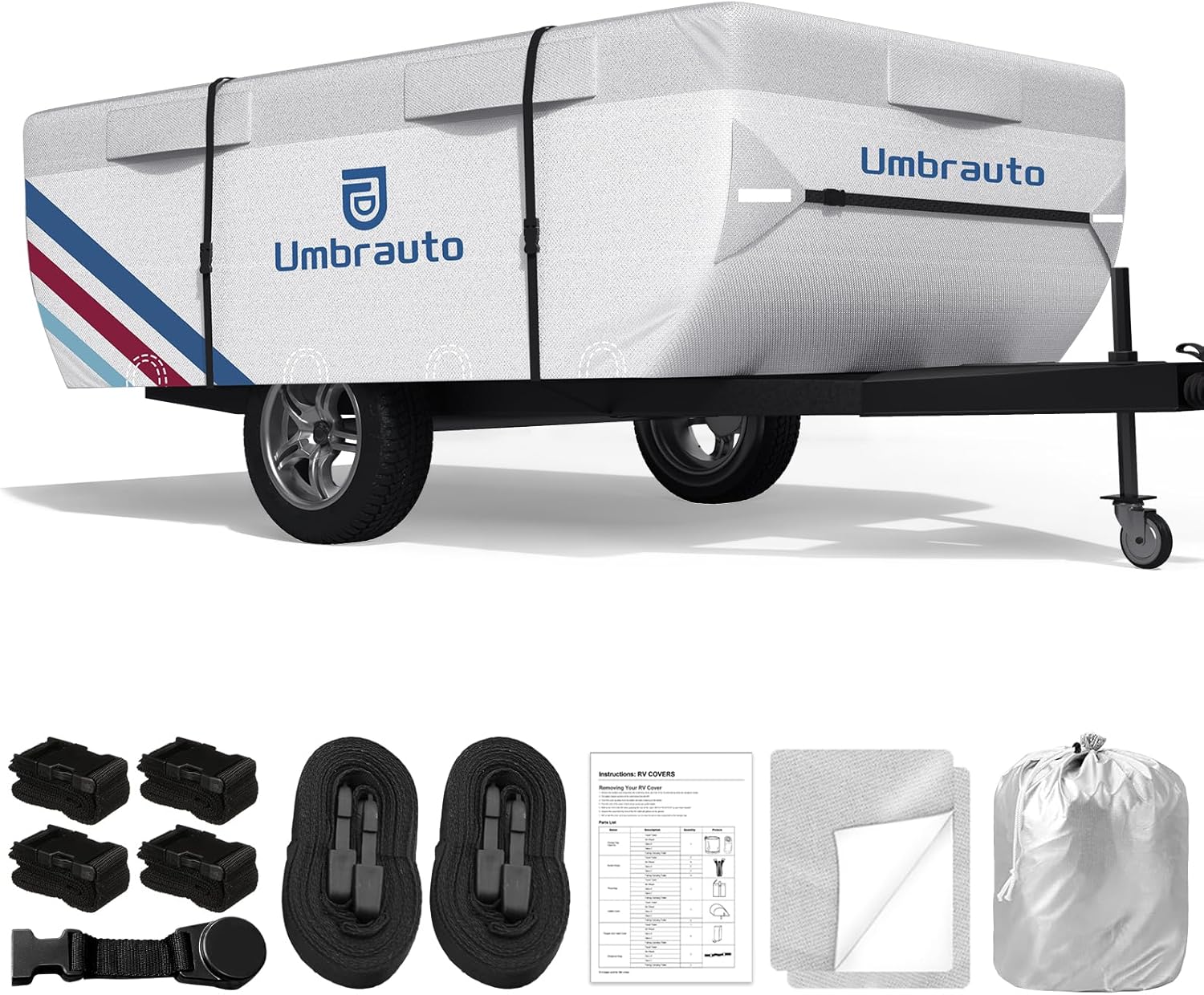Umbrauto Pop Up Camper Cover for 14'-16' Folding Tent Trailers, 300D Silver Oxford, Waterproof, Windproof, Sun-Resistant, Tear-Resistant, Heavy-Duty RV Cover with Straps & Air Vents