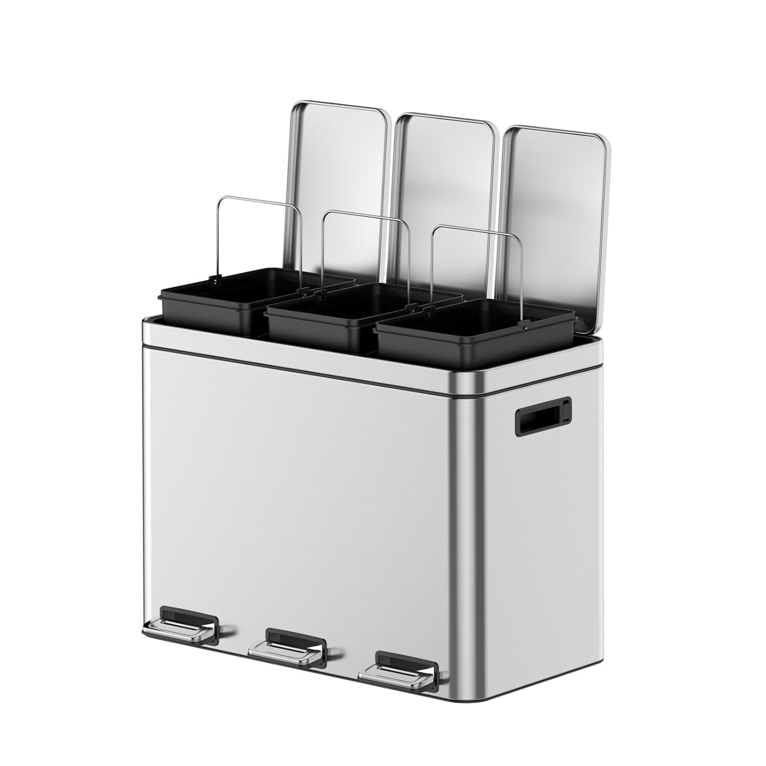 GAOMON 3 Compartments Trash Can, 3 x 4 Gal (3 x 15L) Stainless Steel Trash Can with Recycling Bin, Soft-Close Lid, Step-on Garbage Bin - with Removable Plastic Inner Buckets