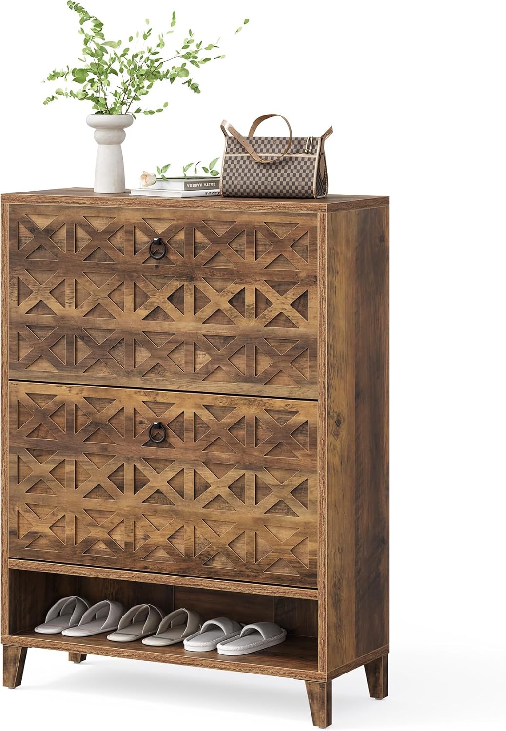 LITTLE TREE Shoe Storage Cabinet with 2 Flip Drawers & Open Shelf, Shoe Cabinet for Entryway, Brown Wooden Shoe Organizer for 20 Pairs of Shoes, Narrow Shoe Cabinet for Living Room, Bedroom