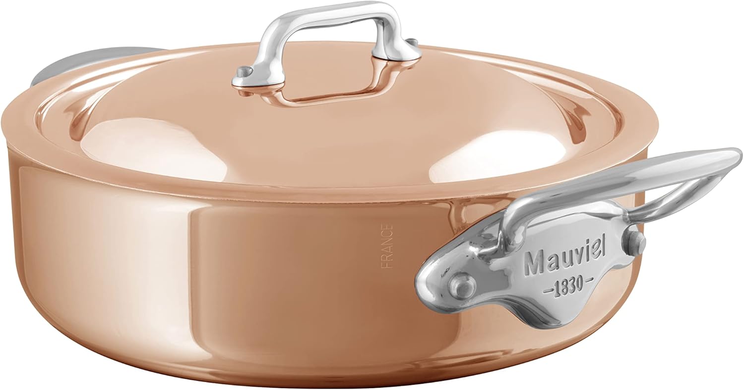 Mauviel M’6S 6-Ply Polished Copper & Stainless Steel Rondeau/Braiser Pan With Lid, And Cast Stainless Steel Handles, 3.2-qt, Made in France