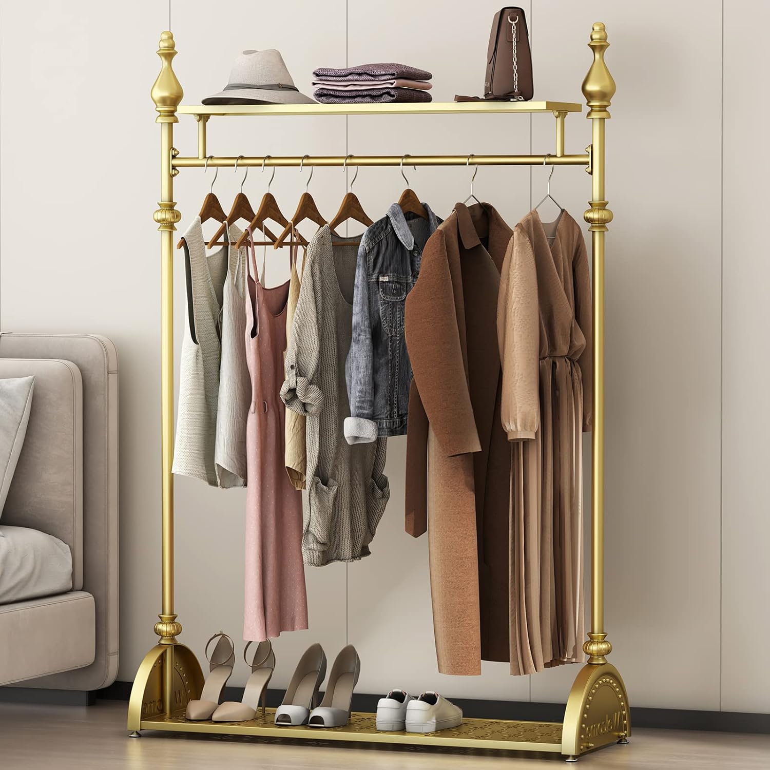 Clothing Rack Gold, Industrial Clothes Rack for hanging Clothes with Double Shelves Freestanding Multi-functional Heavy Duty Garment Rack, Metal Movable Coat Rack for Organizing Clothes Shoes