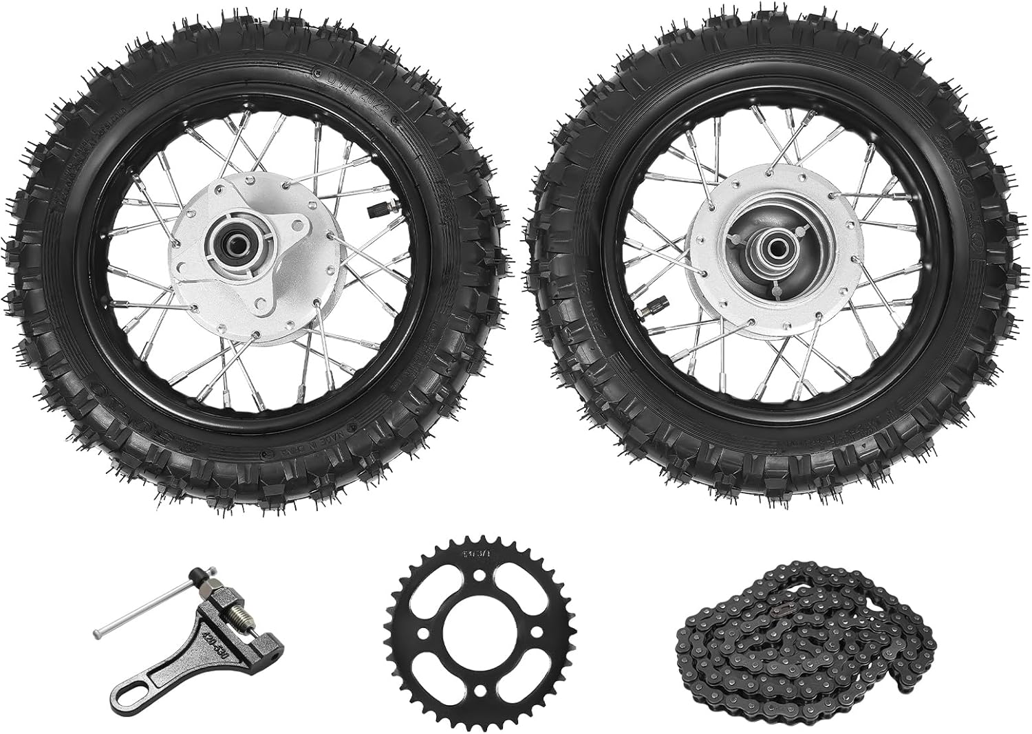 Front Rear Wheel Pair Set For HondaCRF50 XR50 BBR KLX Dirt Bikes 2.50-10 Front Rear Tire Rim Drum Brake with Chain & Plate (2.50-10 Front Rear Tire Rim Wheels ) 16'' x 3'' x 3''