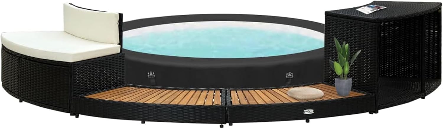 Spa Surround, Round Hot Tub Surround Kit with Built-in Storage, Waterproof Acacia Wood and Poly Rattan for Outdoor Relaxation