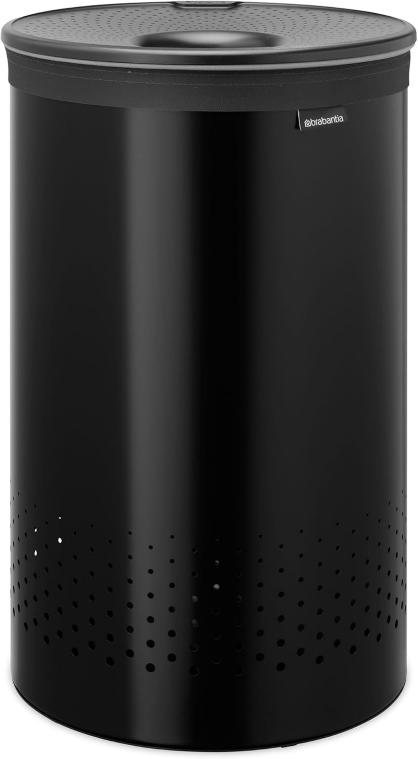 Brabantia Laundry Basket with Lid | 16 Gal Washing Hamper with Removable Cotton Bag & Quick-Drop Opening | Space-Saving Laundry Hamper | Matt Black