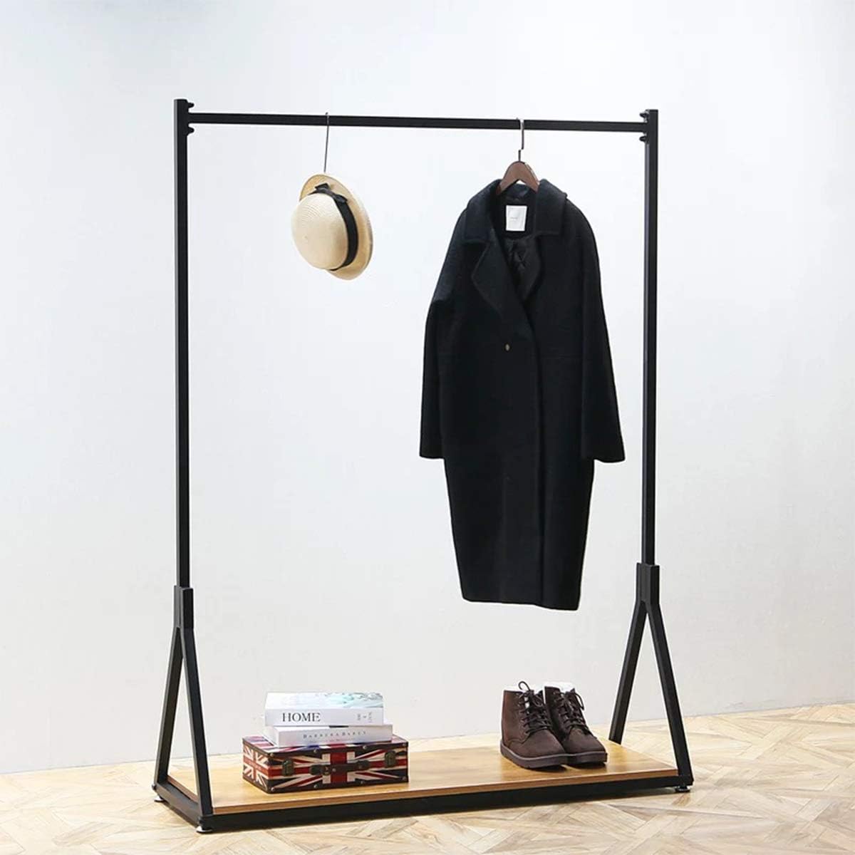 Modern Simple Heavy Duty Metal Rolling Garment Rack with Wheel,Retail Display Clothing Rack with Wood, Single Rod Floor-Standing Hangers Clothes Shelves (Black Square Tube B, 47.2 L)